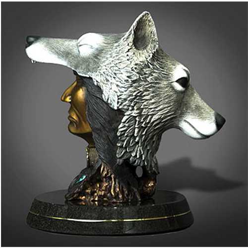 Indian and Wolf Head Statue